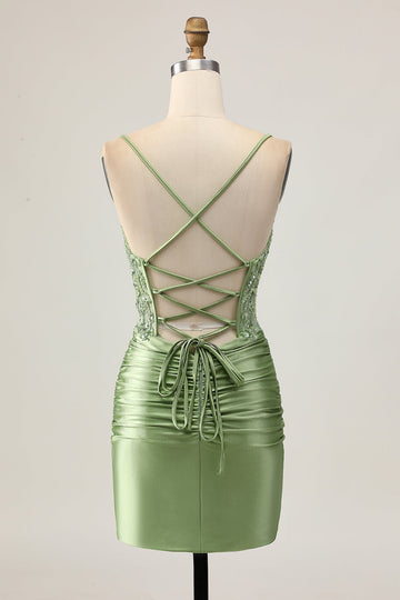 Bodycon Sequins Ruched Sage Green Short Homecoming Dress